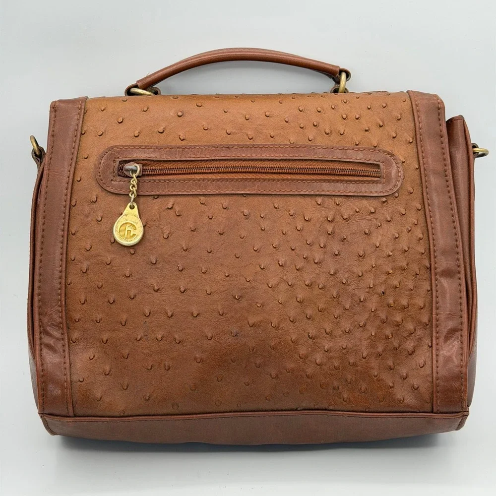 Vintage Carlo Calucci Ostrich Embossed Satchel Bag Brown Turn Lock Flap Brass
